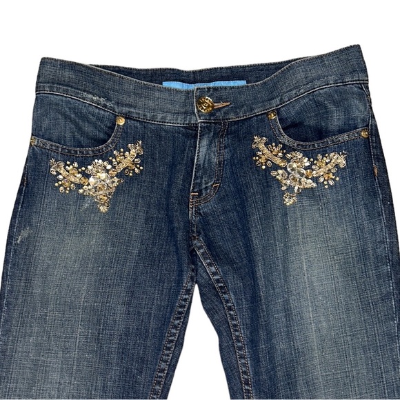 Escada Vintage Y2K Embellished Rhinestone Low Rise Flared Distressed Jeans - 8 - Picture 3 of 14